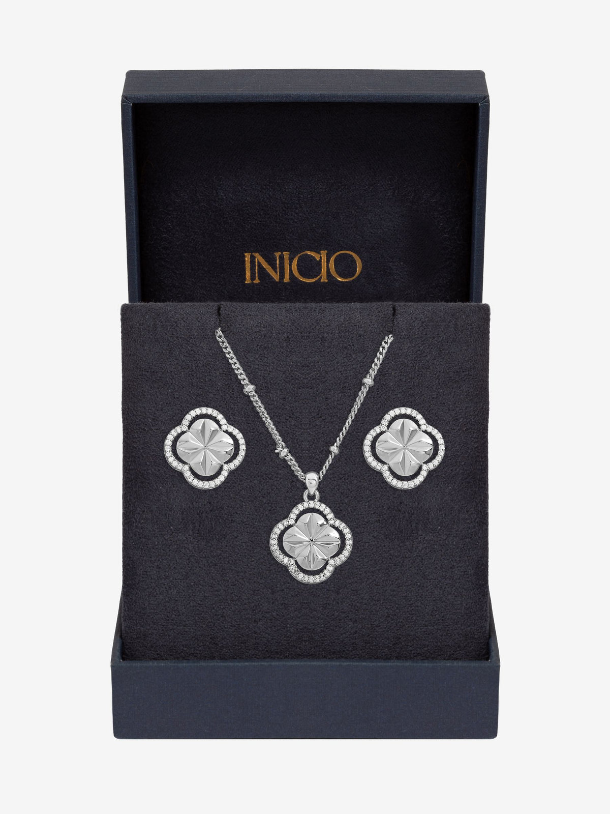 Inicio diamond cut clover set pendant and earrings sterling silver plated (British brand)