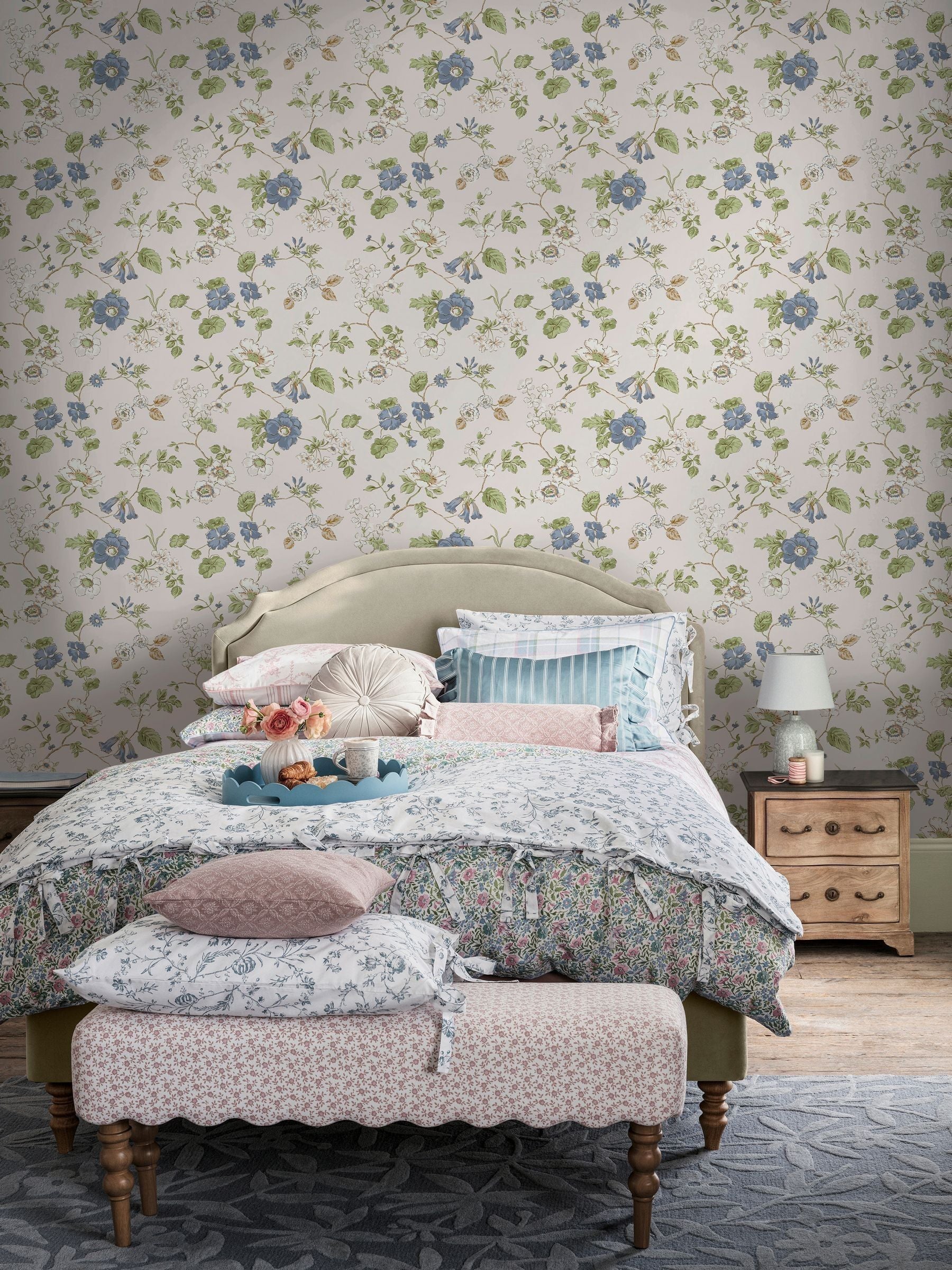 Laura Ashley Chalk Blue Pennywell Grove wallpaper roll, UK version