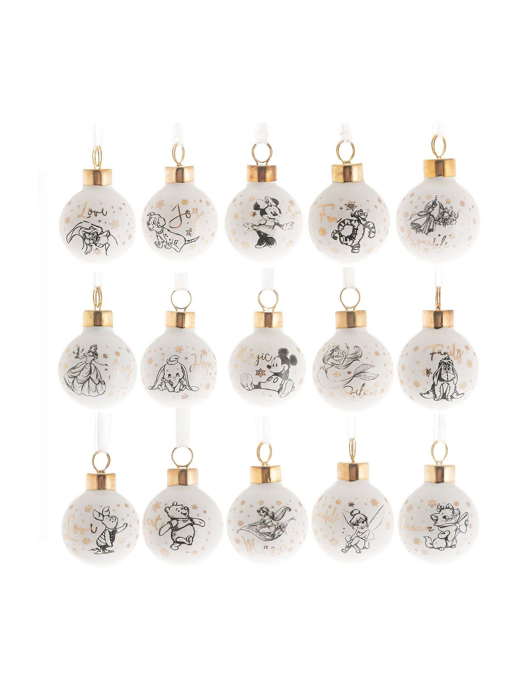 Widdop ceramic Disney baubles set of 15 with gold accents (British brand)