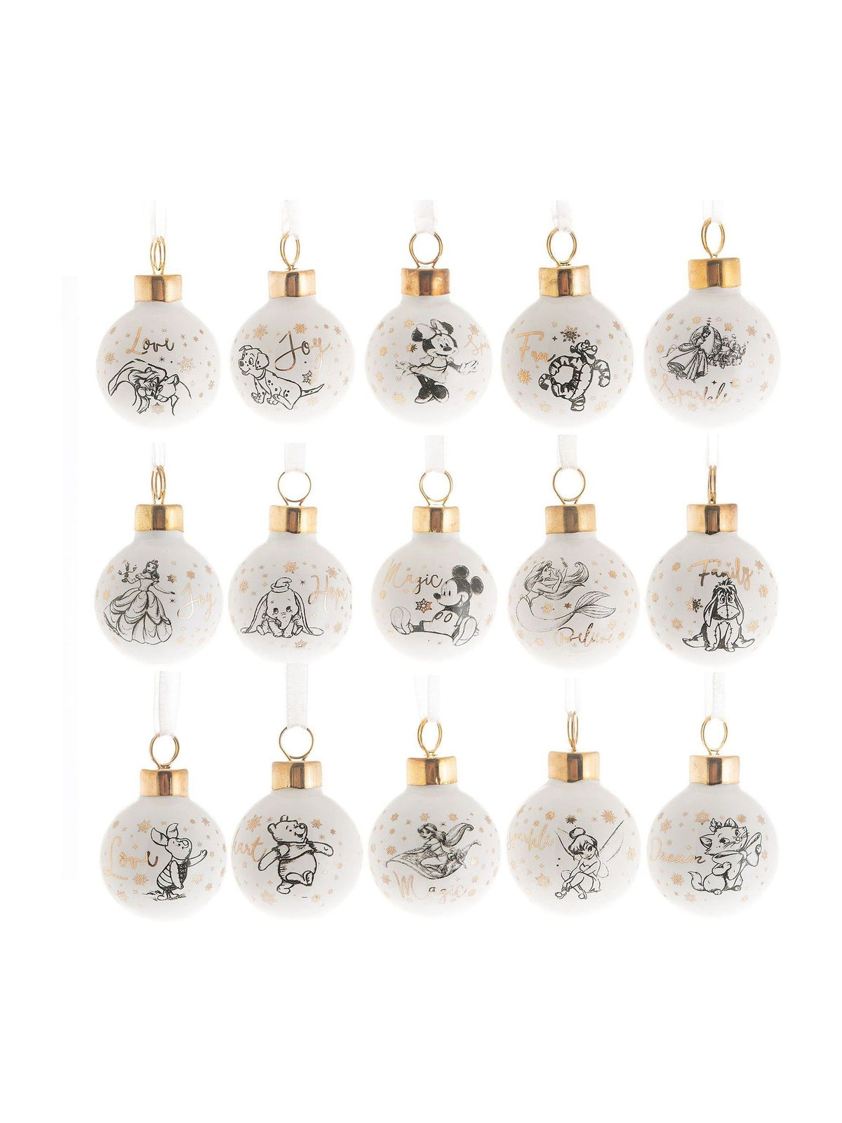 Widdop ceramic Disney baubles set of 15 with gold accents (British brand)
