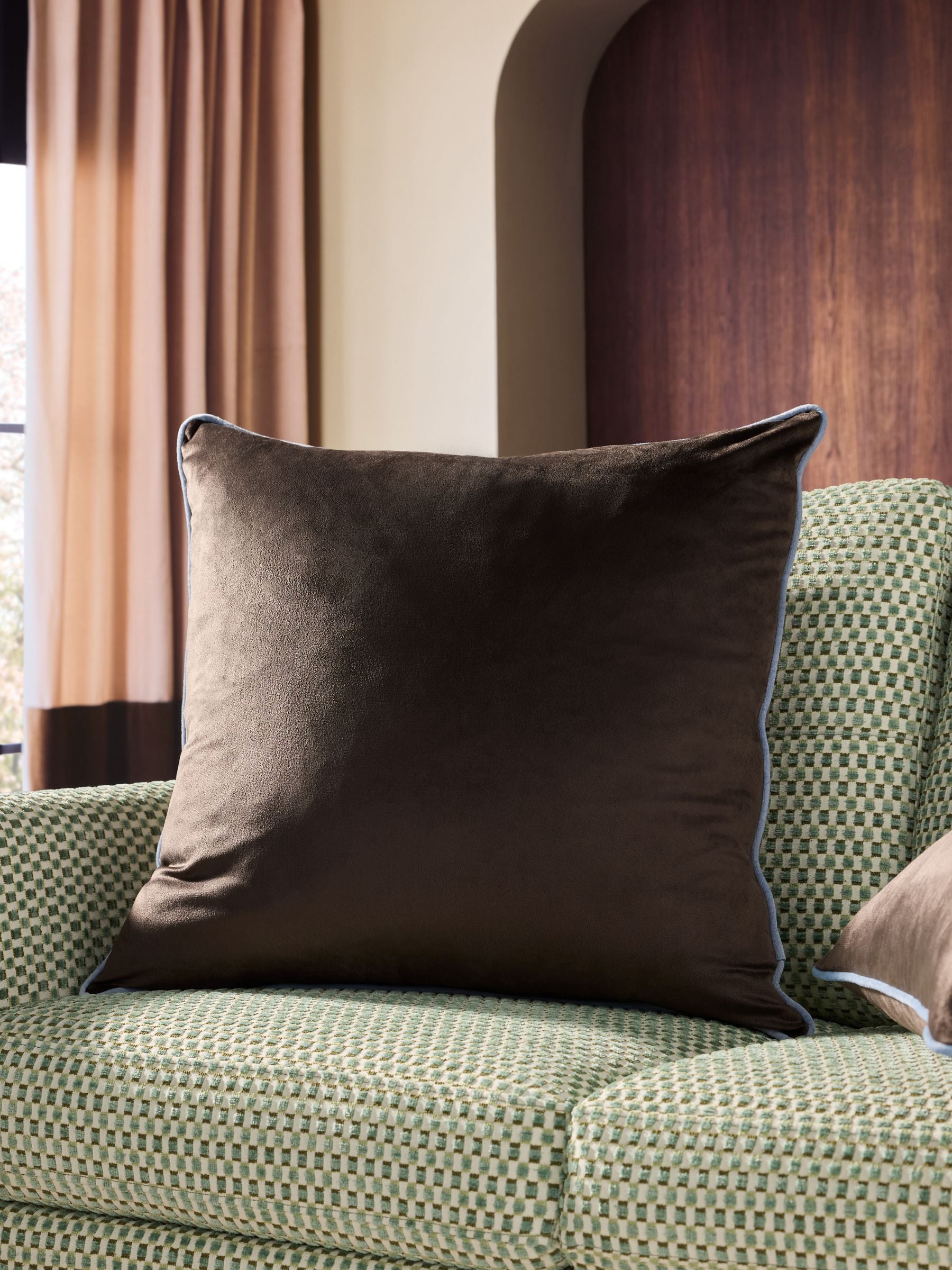 Dark Green Matte Velvet Contrast Pipe Cushion - 50 x 50cm