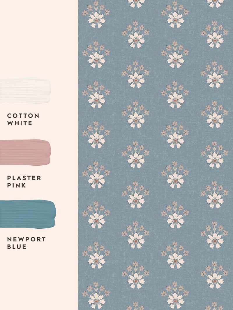 Laura Ashley Newport Blue Floral Geo wallpaper sample A4, imported from the UK