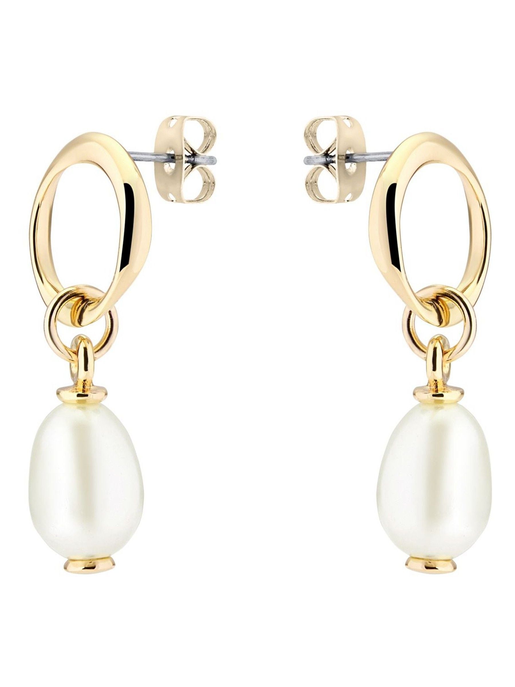 Karen Millen modern pearl drop earrings gold tone, UK version