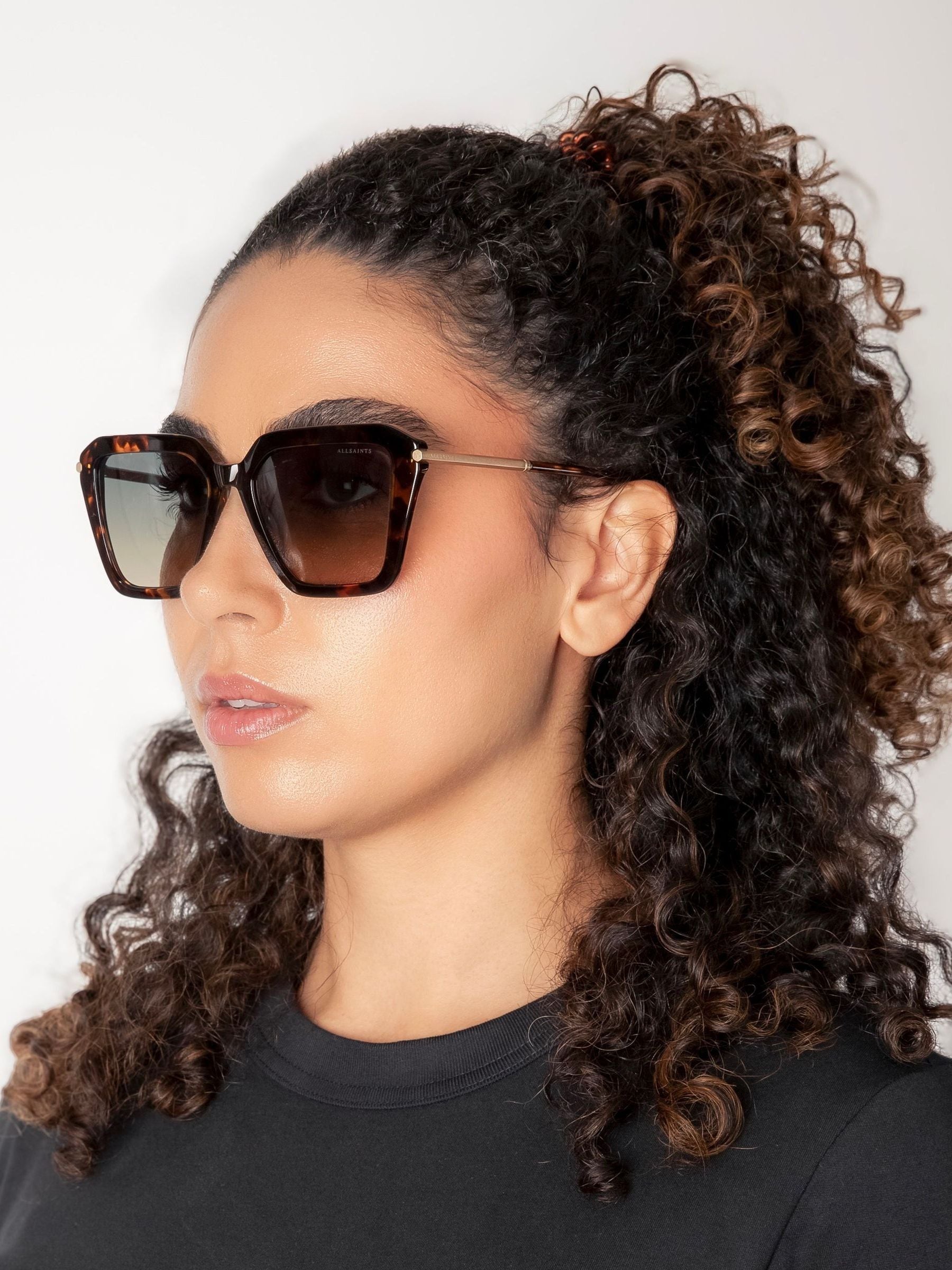 AllSaints square tortoiseshell sunglasses with khaki gradient lenses (British brand)