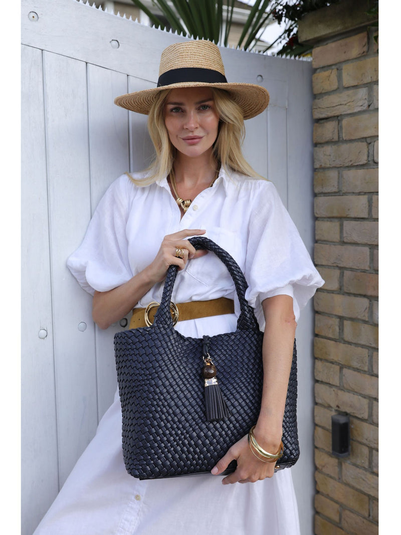 Luella Grey Navy Blue Saskia Large Woven Tote