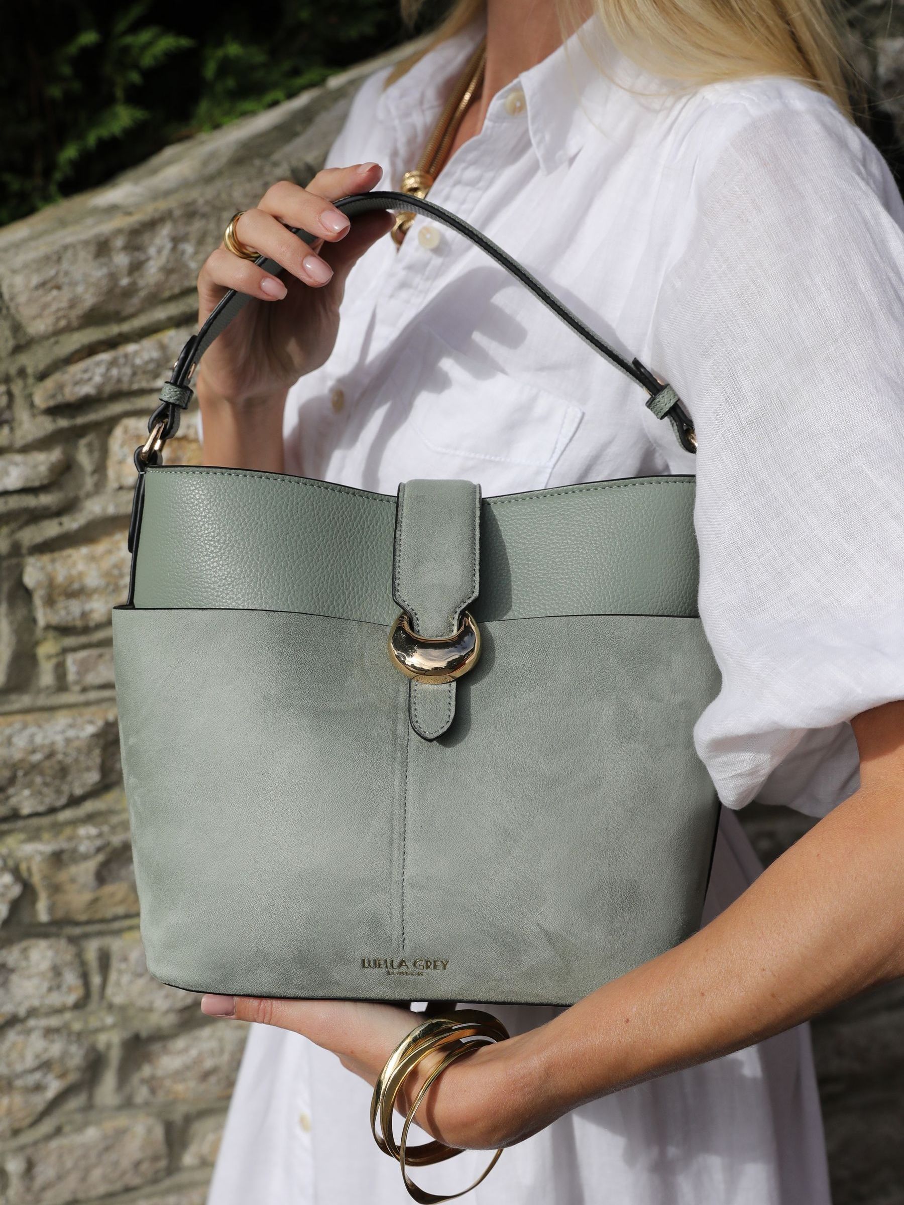 Luella Grey Green Indra bucket cross-body bag, imported from the UK
