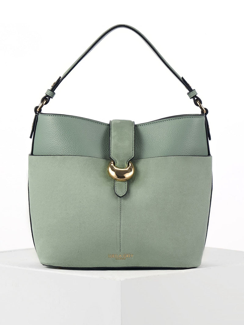 Luella Grey Green Indra bucket cross-body bag, imported from the UK