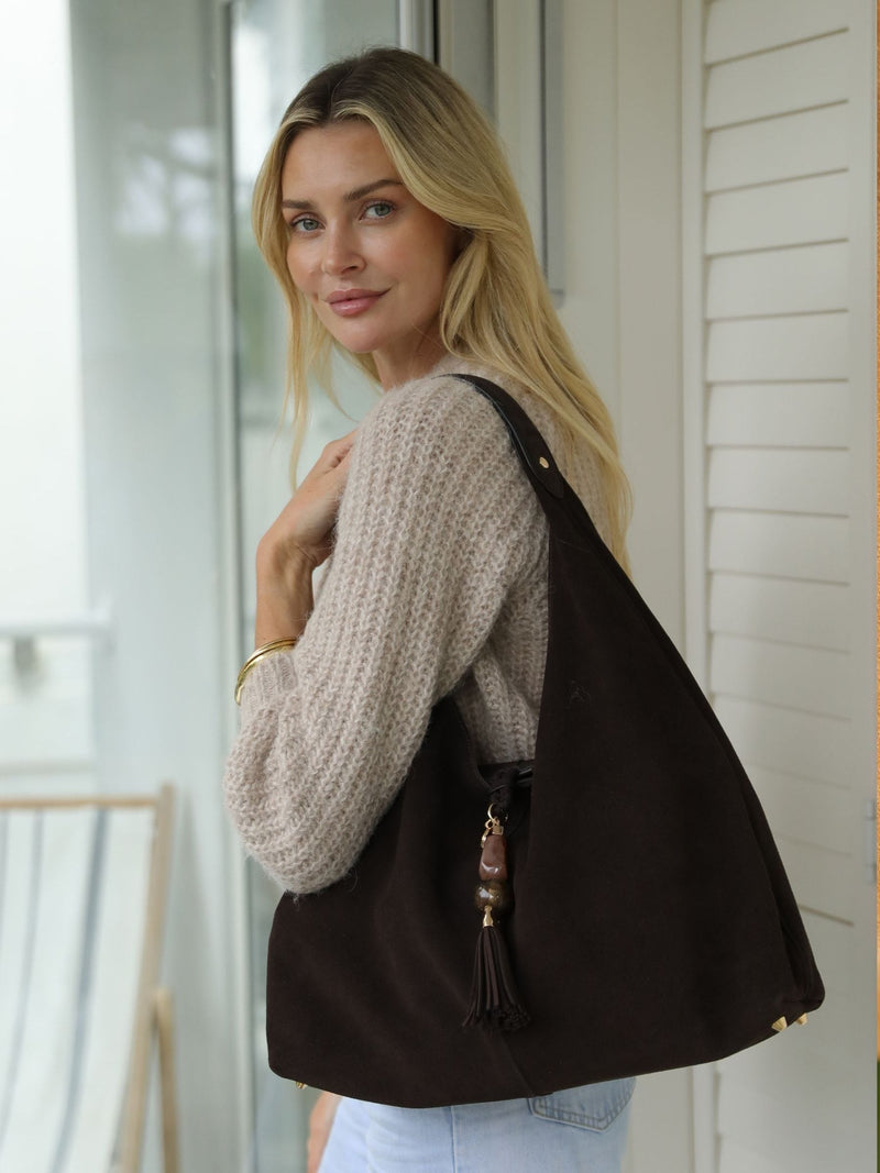 Luella Grey Chocolate Brown Pandora Suede Hobo Bag