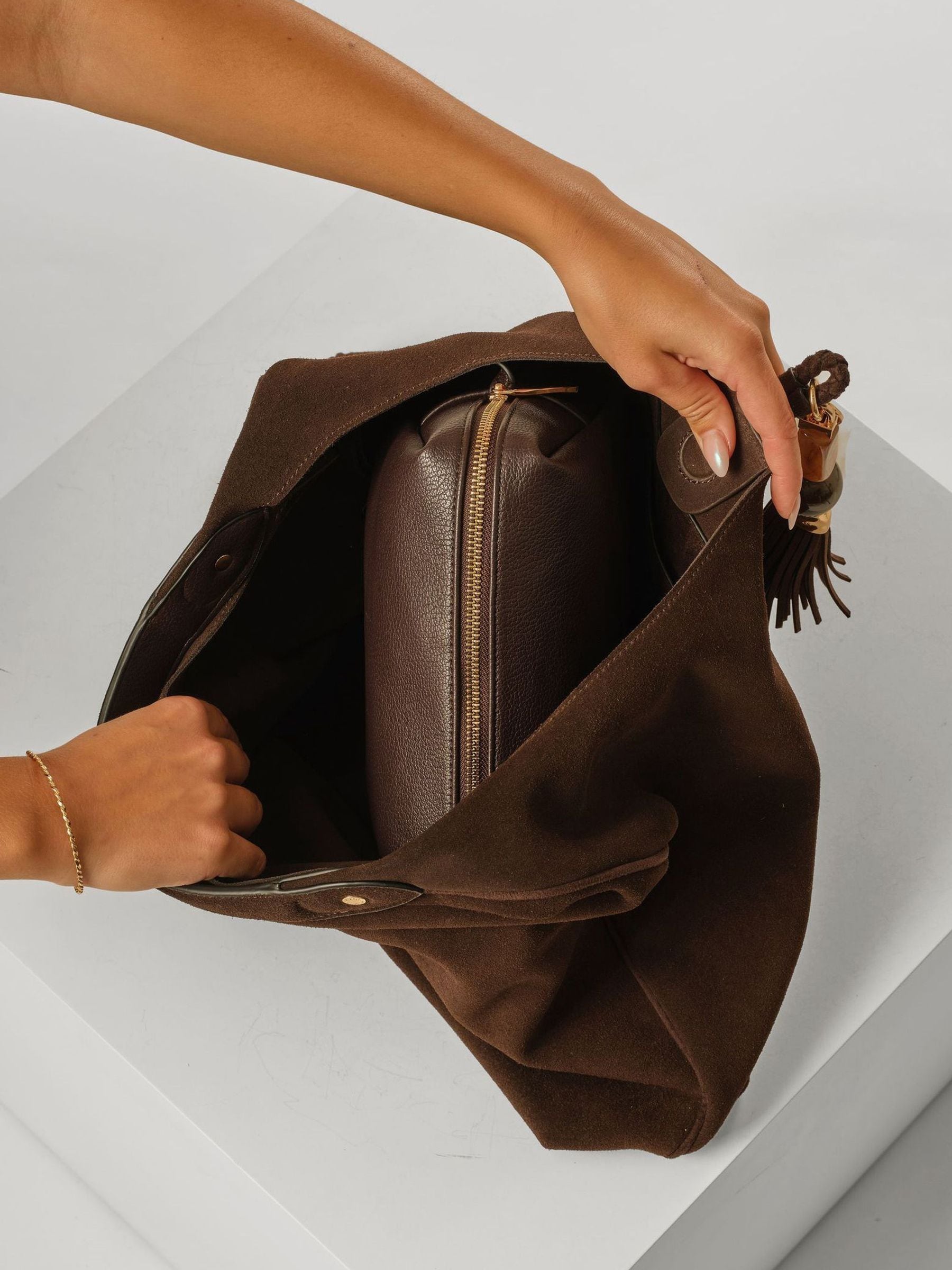 Luella Grey Chocolate Brown Pandora Suede Hobo Bag