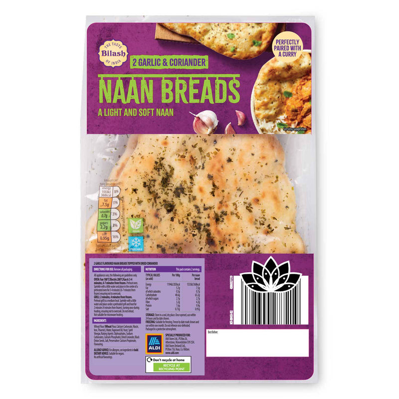 Garlic and coriander naan breads, UK bakery product (British brand)