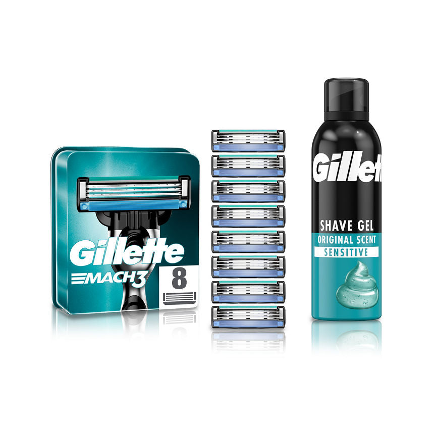 Gillette Mach 3 8 Razor Blades & Sensitive Shave Gel Bundle GOODS ASDA   