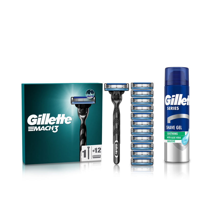 Gillette Mach3 Razor + 12 Blades & Shave Gel Bundle