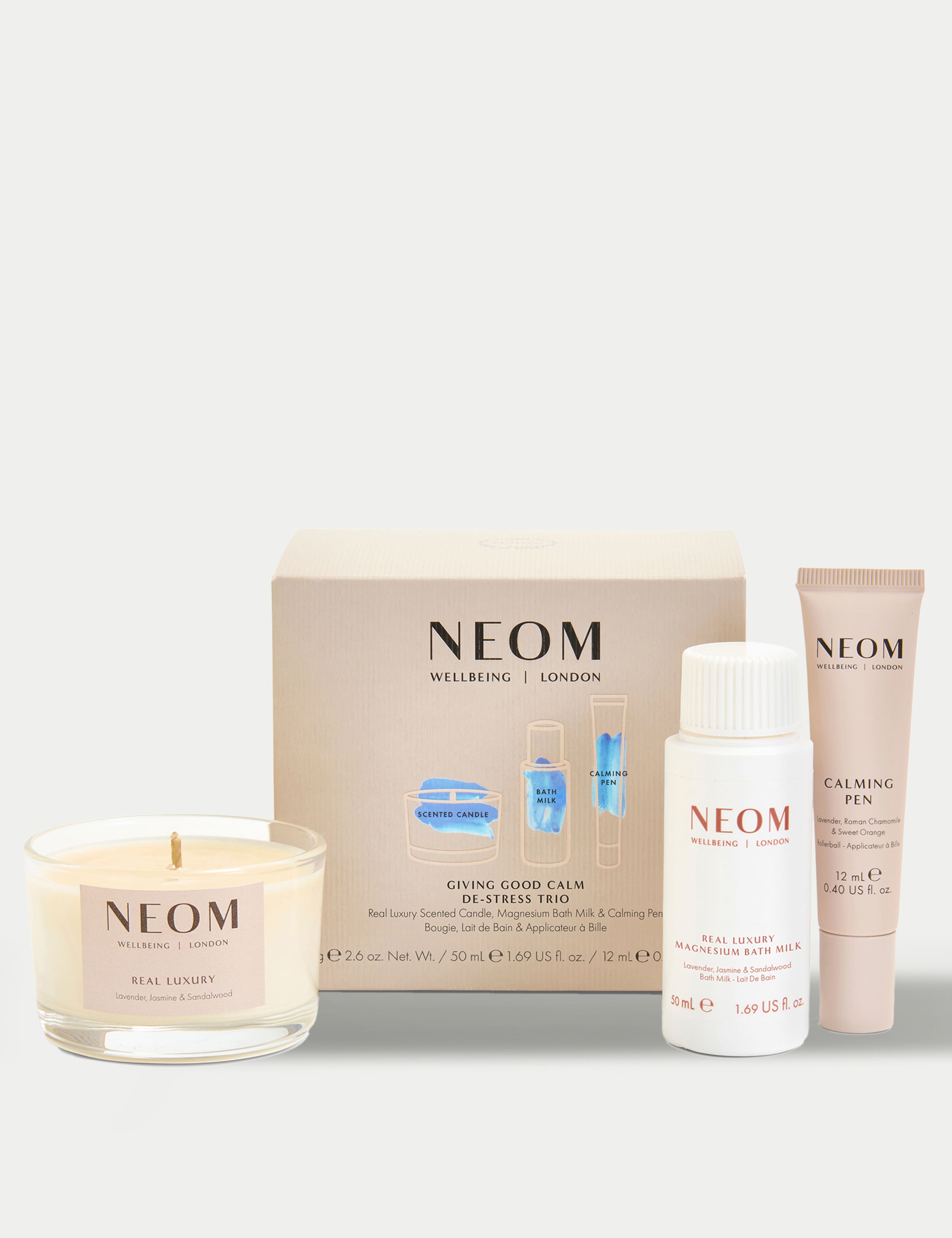 NEOM De-Stress Trio with candle, bath milk, and pen, imported from UK