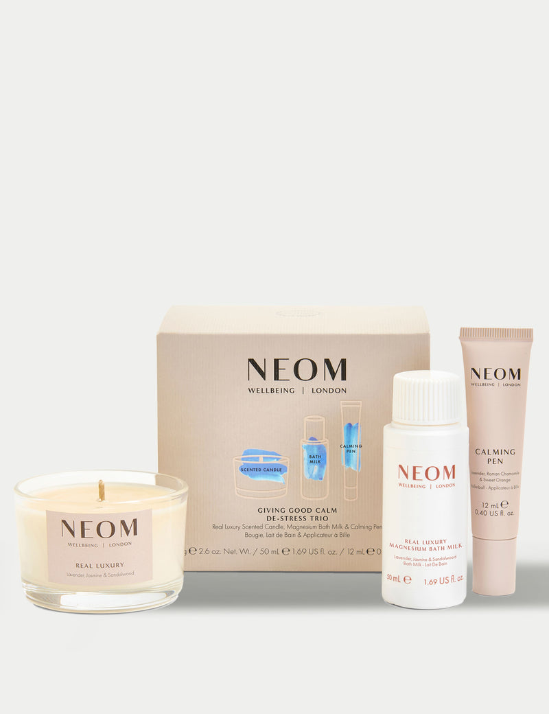 NEOM De-Stress Trio with candle, bath milk, and pen, imported from UK