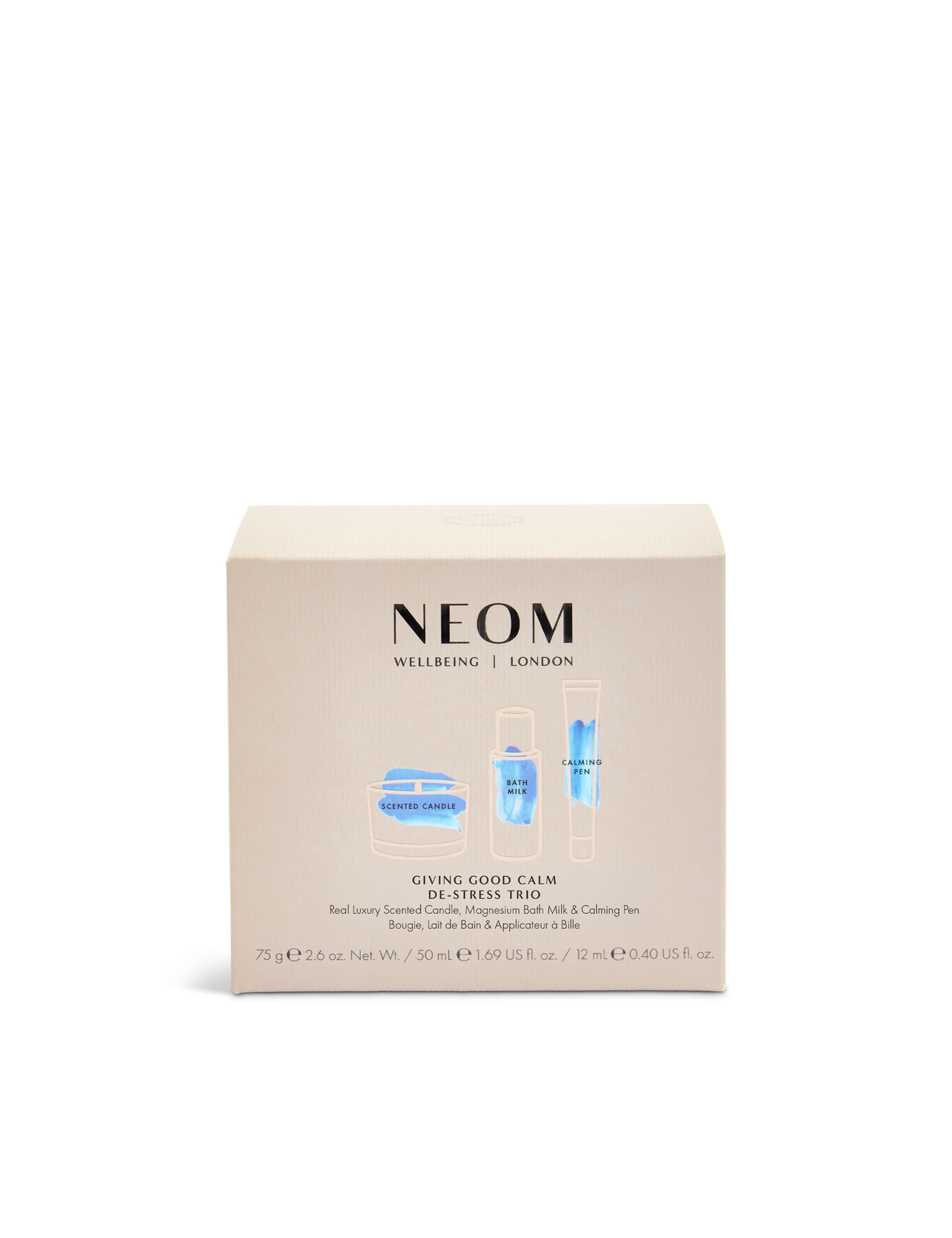 NEOM De-Stress Trio with candle, bath milk, and pen, imported from UK