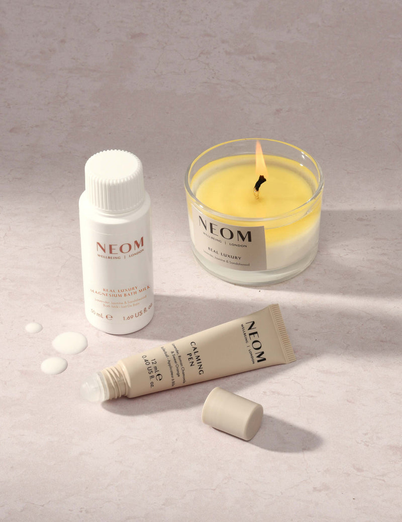 NEOM De-Stress Trio with candle, bath milk, and pen, imported from UK