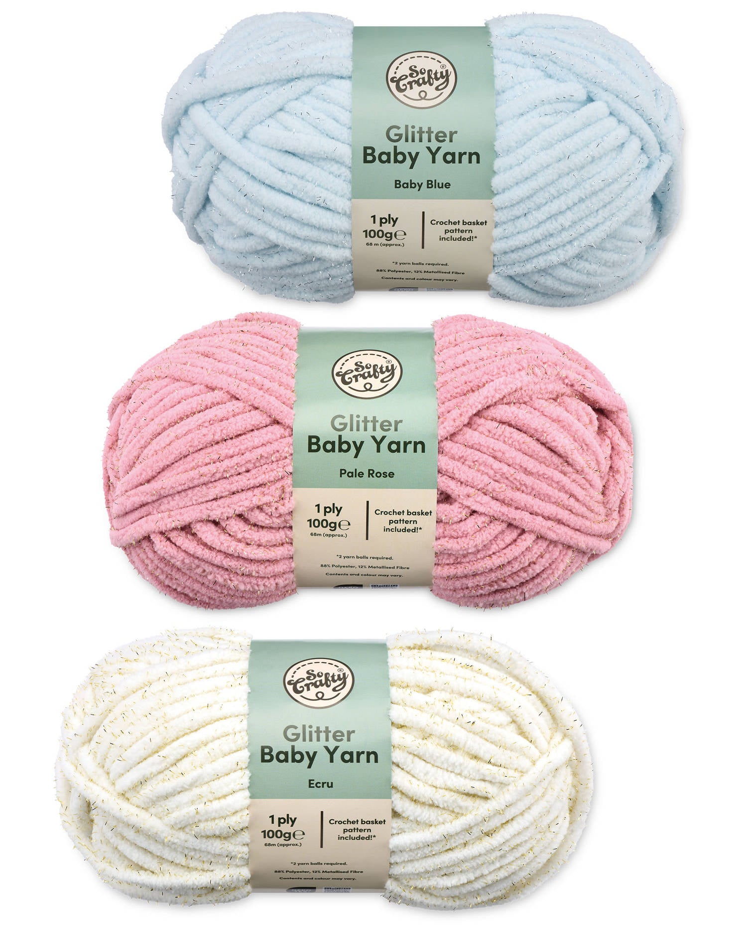 Glitter yarn with knitting pattern in five colours, UK version