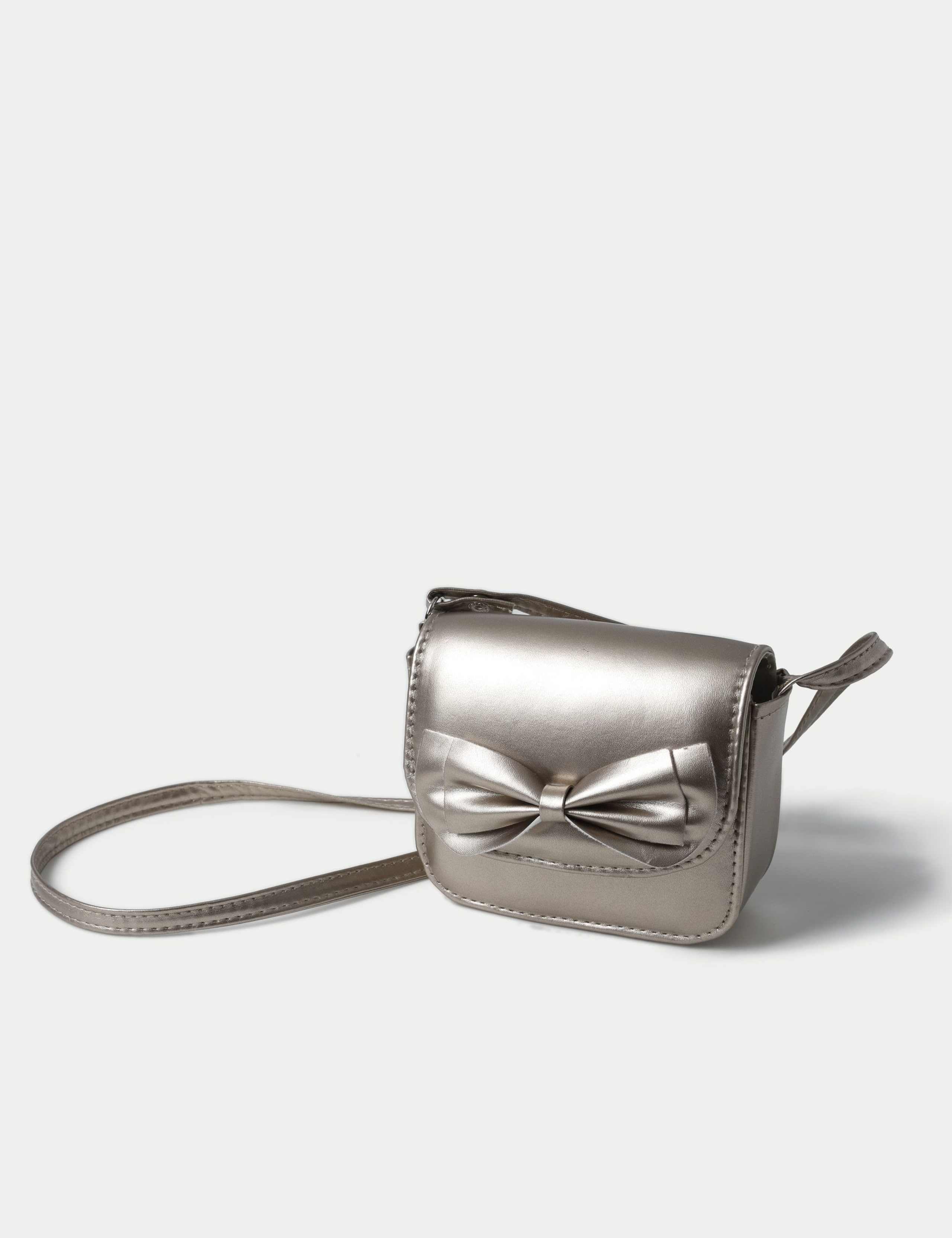 Gold tone bow front bag with polyester and metal details, UK version