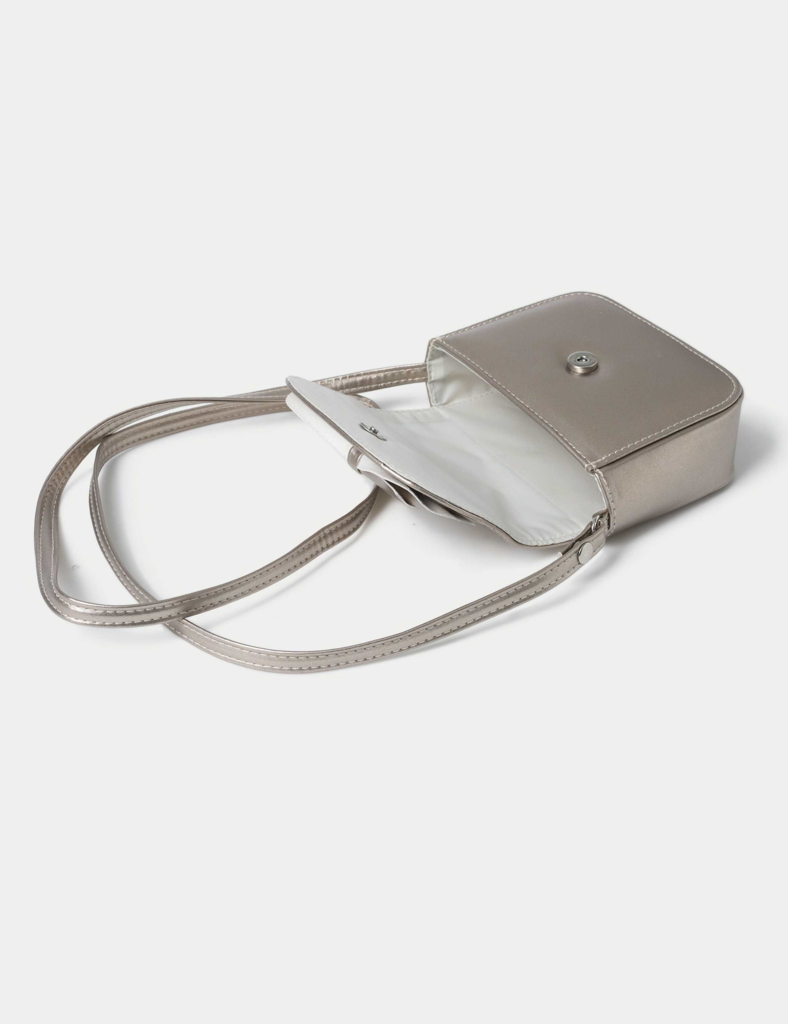 Gold tone bow front bag with polyester and metal details, UK version