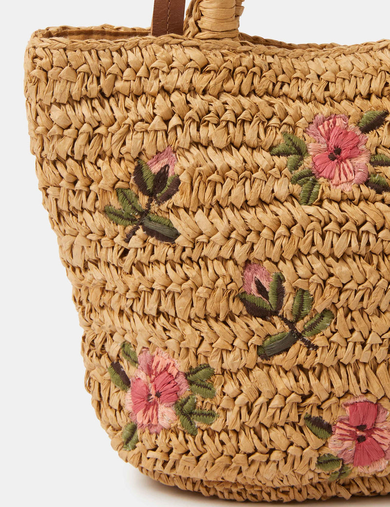 Accessorize natural raffia grab bag with floral embroidery (British brand)