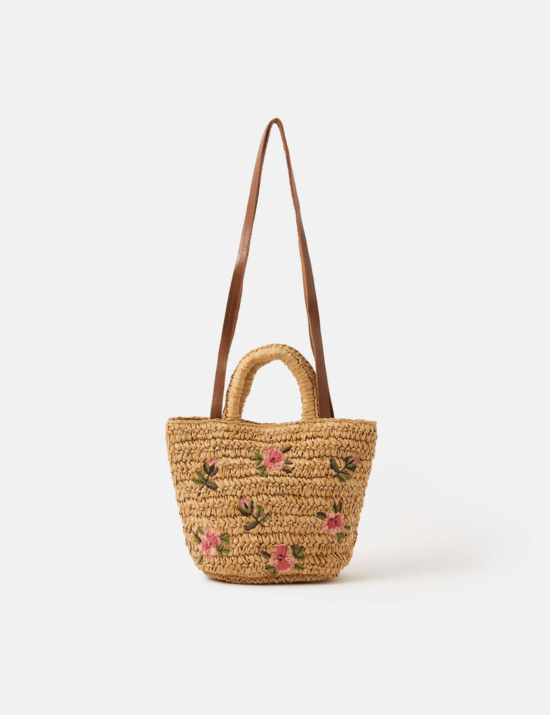Accessorize natural raffia grab bag with floral embroidery (British brand)