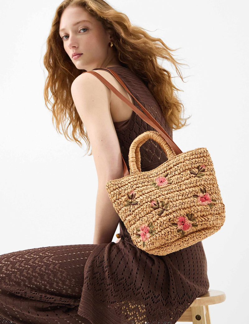 Accessorize natural raffia grab bag with floral embroidery (British brand)