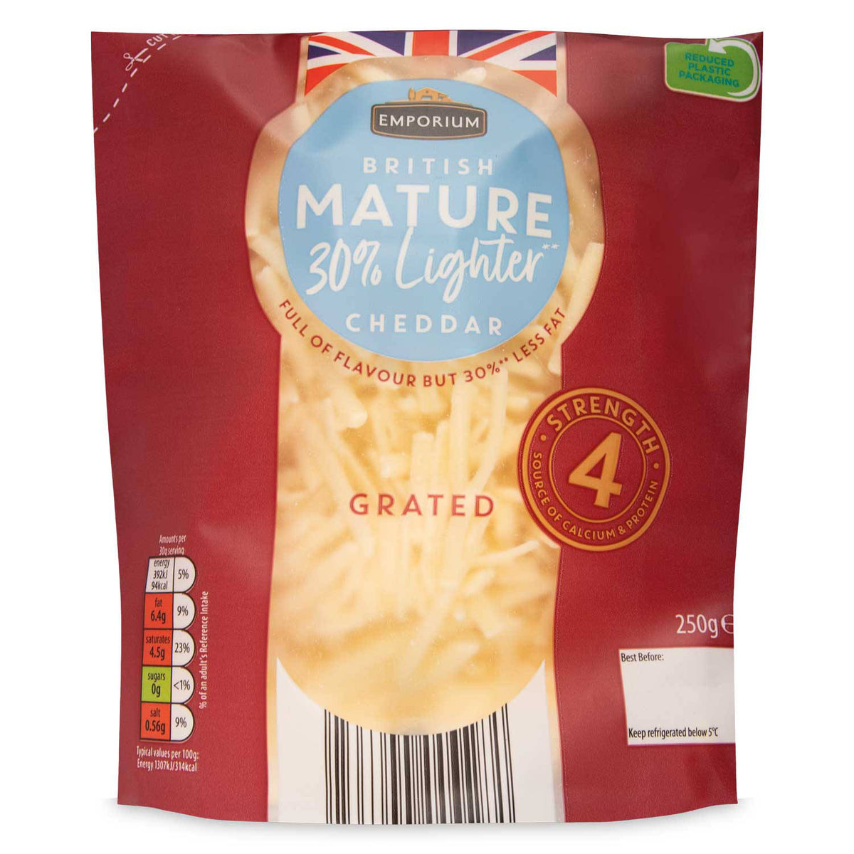 Grated lighter cheddar cheese, imported from the UK