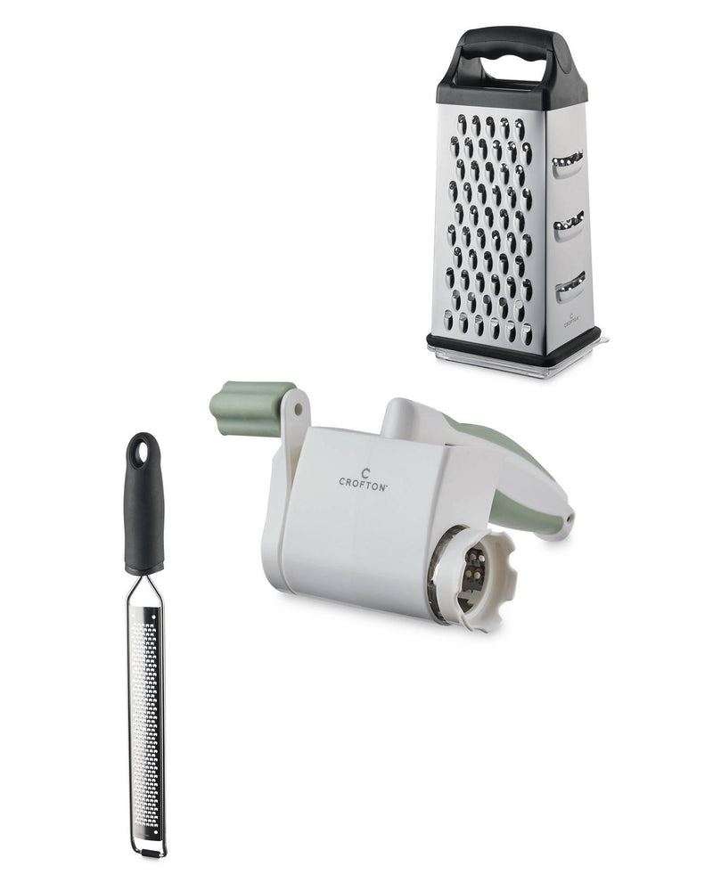 Stainless steel grater assortment with rotary and mandoline options (British brand)