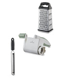 Stainless steel grater assortment with rotary and mandoline options (British brand)
