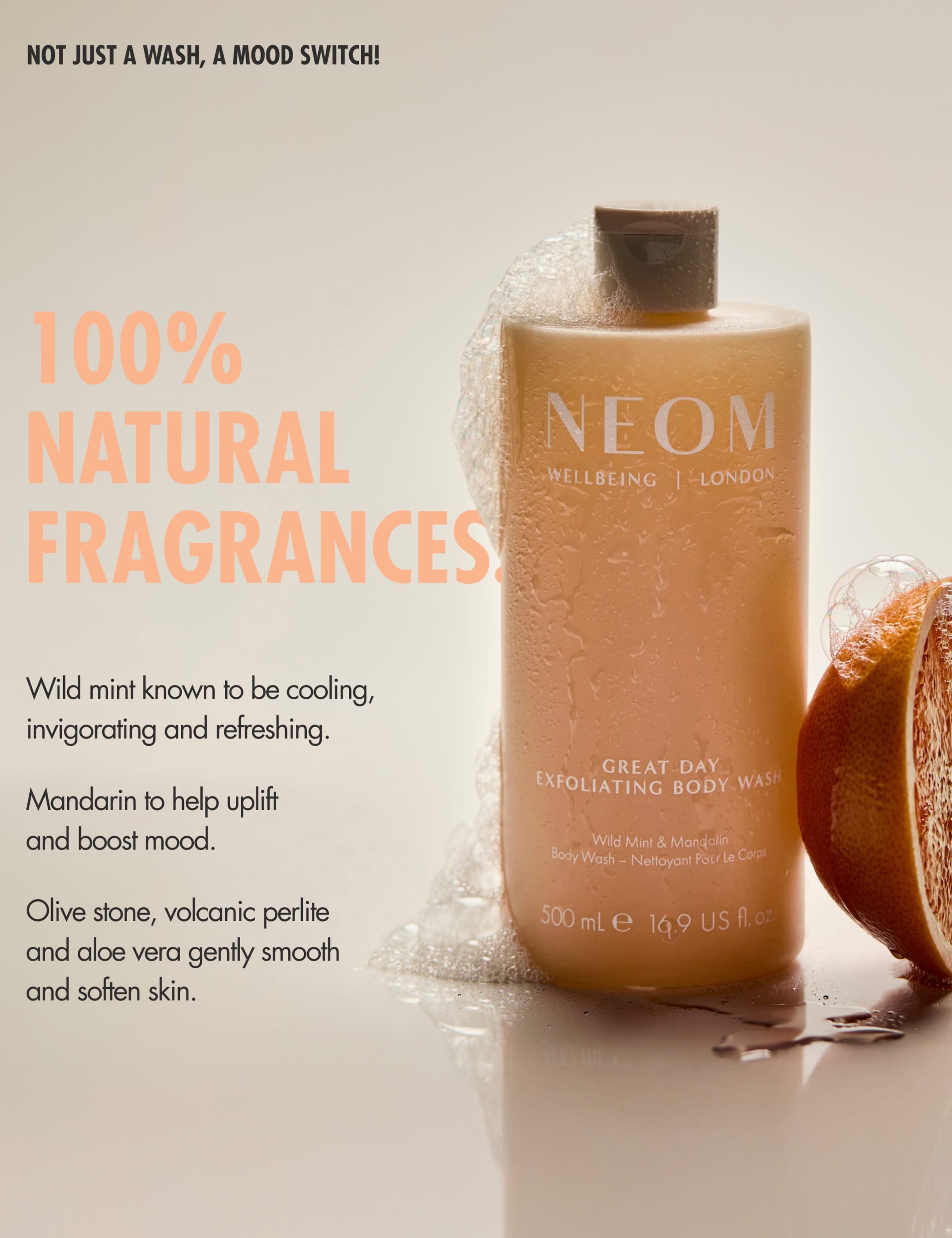 NEOM Wellbeing Great Day exfoliating body wash 500ml (British brand)