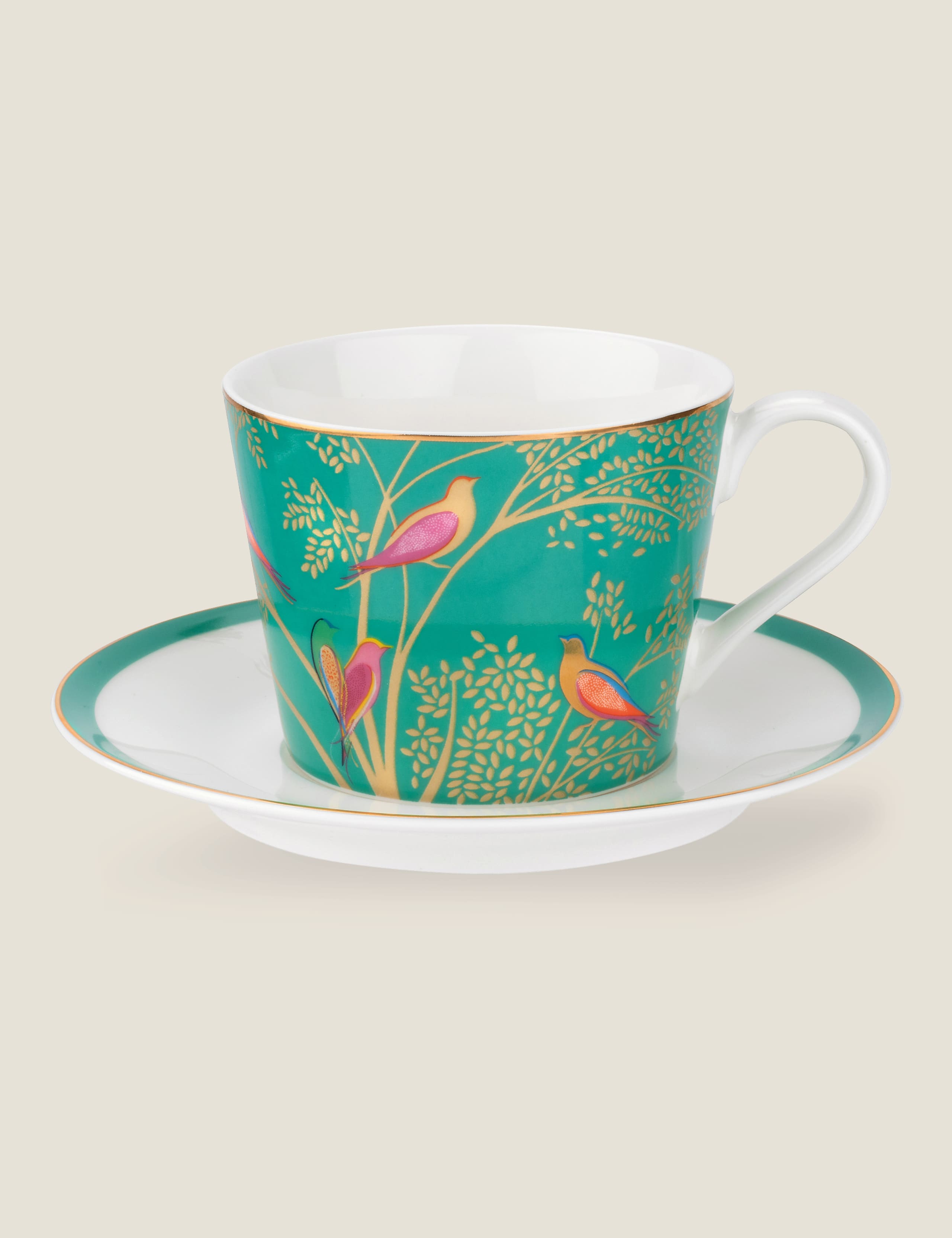 Sara Miller Green Bird fine china cup and saucer (British brand)