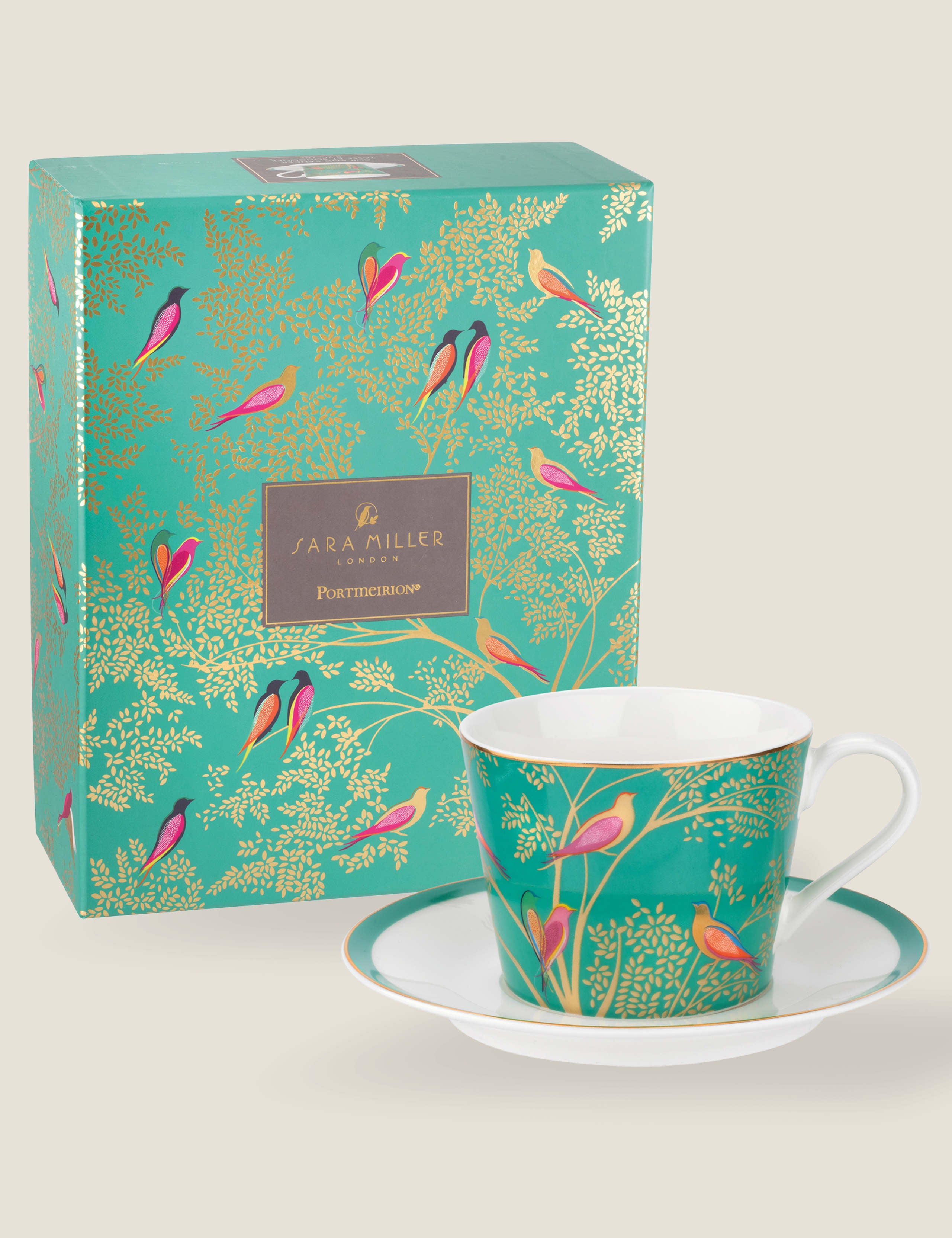 Sara Miller Green Bird fine china cup and saucer (British brand)