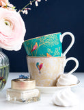 Sara Miller Green Bird fine china cup and saucer (British brand)