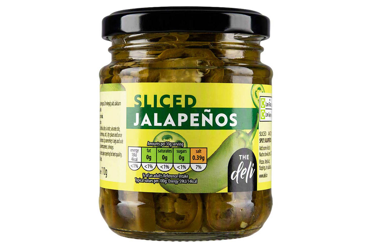Green sliced jalapeños in vinegar brine - British product