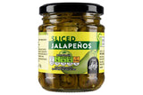 Green sliced jalapeños in vinegar brine - British product