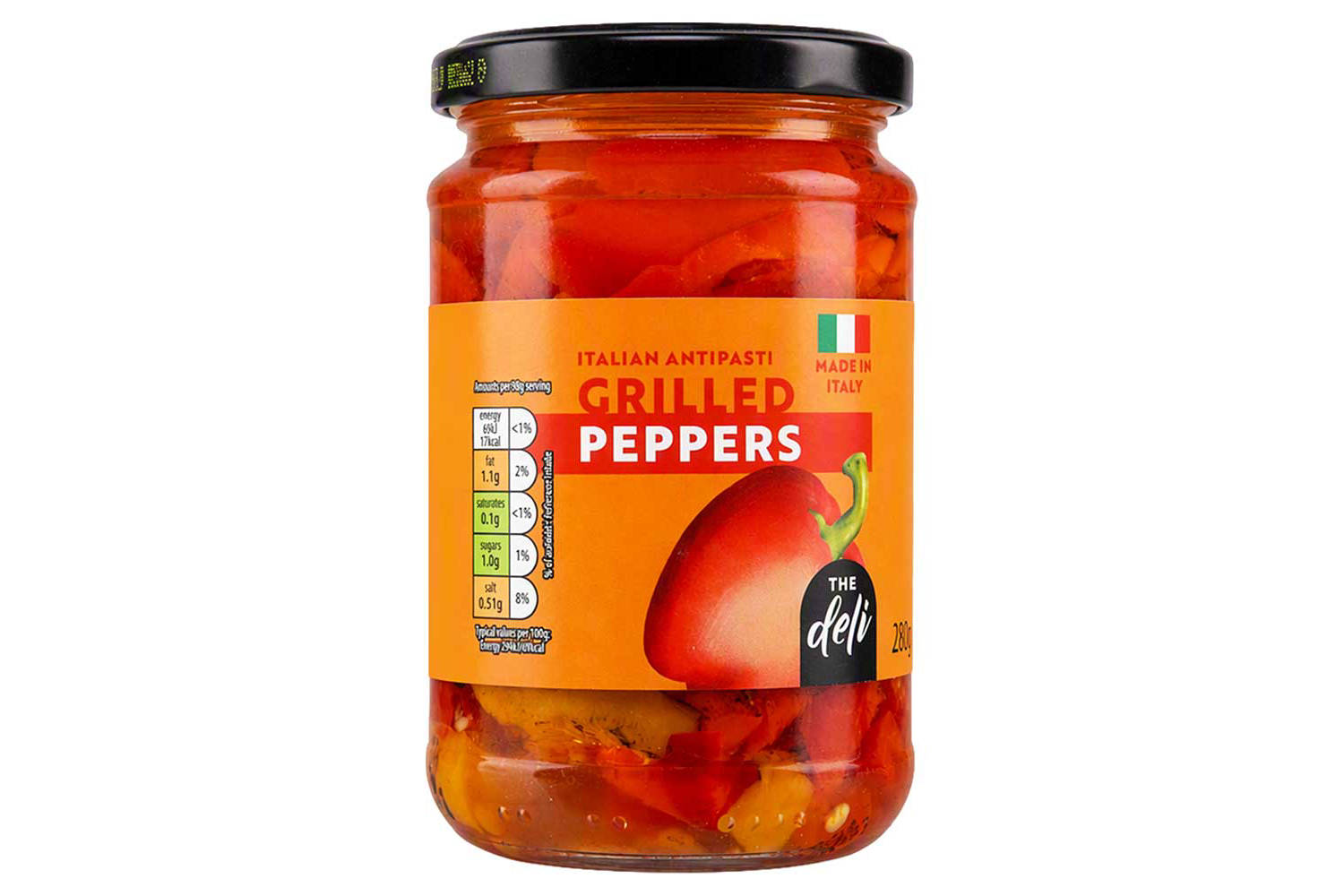 Grilled red and yellow peppers in sunflower oil, UK version