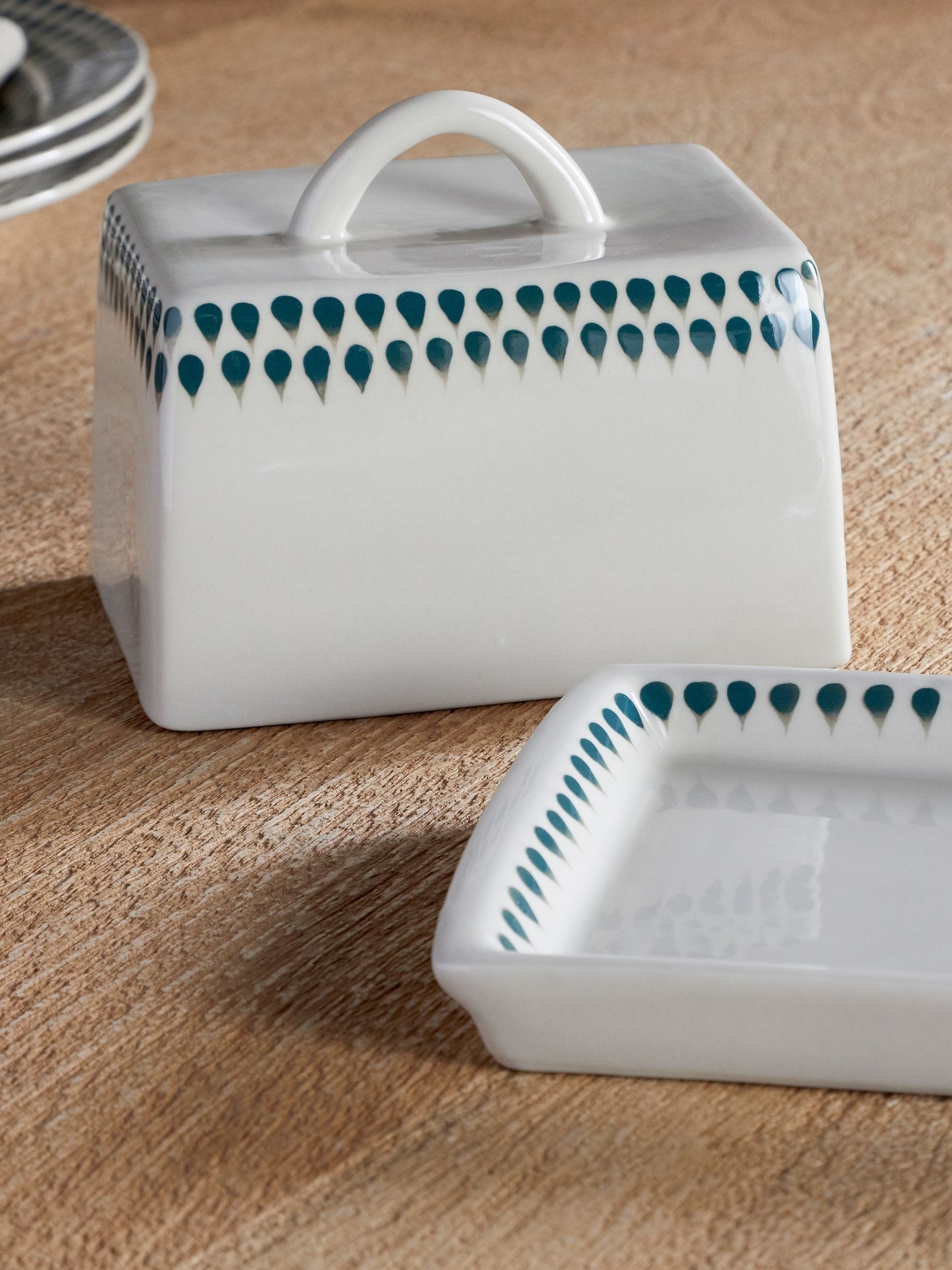 Nkuku Cream butter dish with Juniper Drop design, imported from the UK