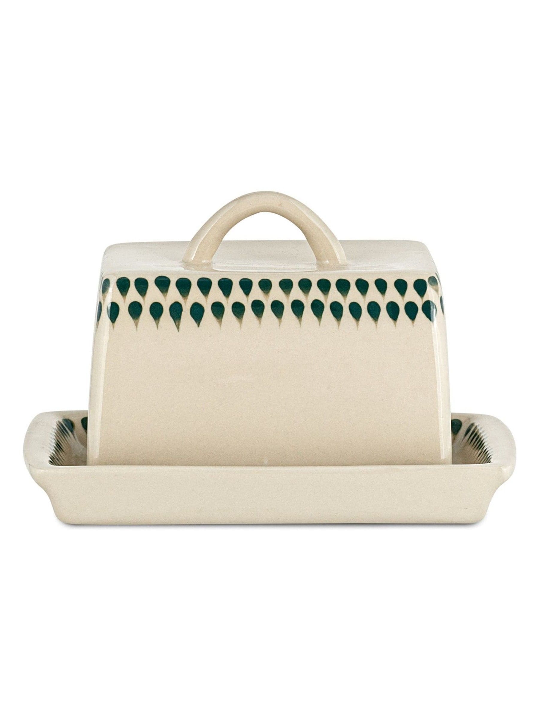 Nkuku Cream butter dish with Juniper Drop design, imported from the UK