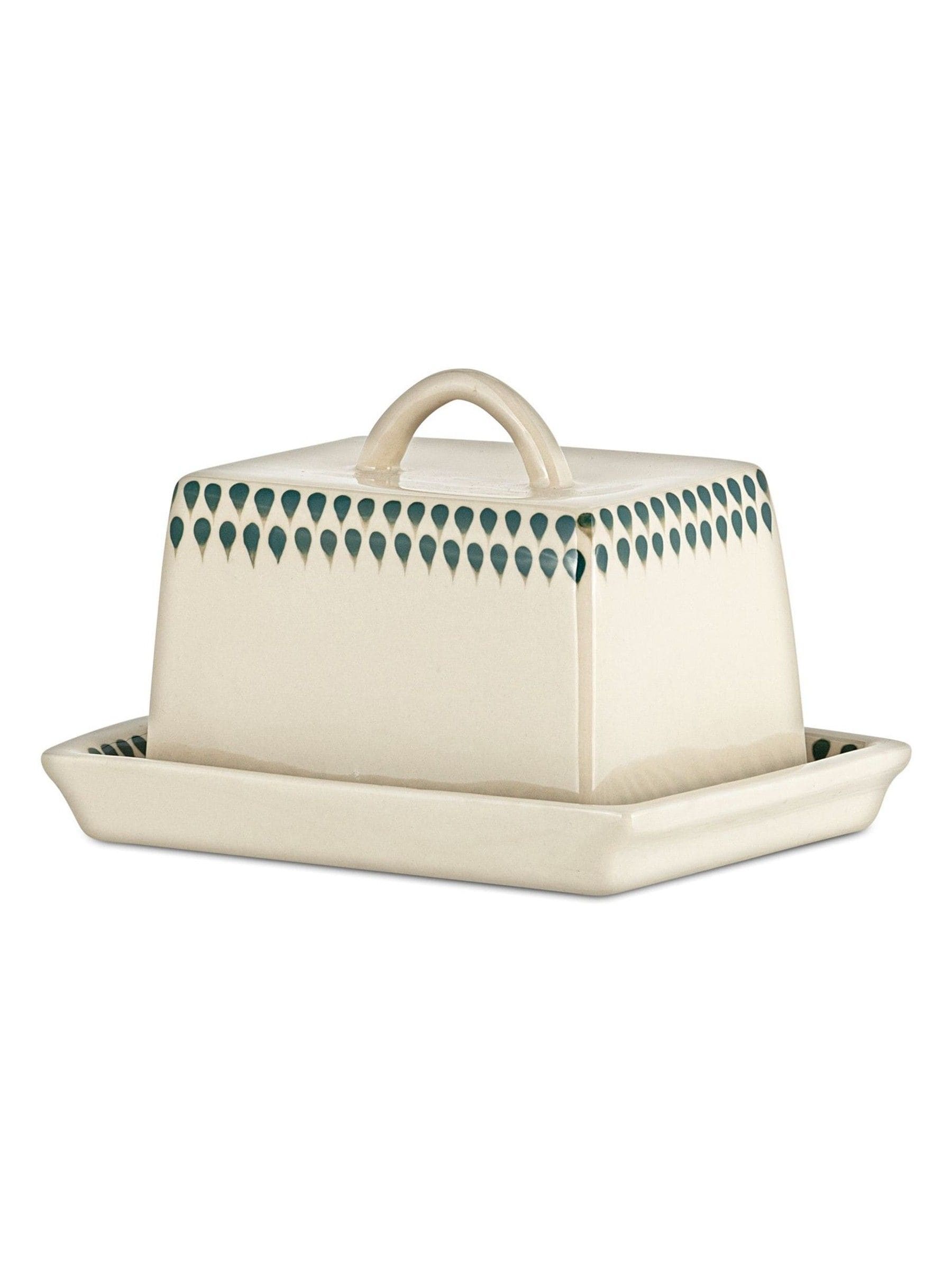 Nkuku Cream butter dish with Juniper Drop design, imported from the UK