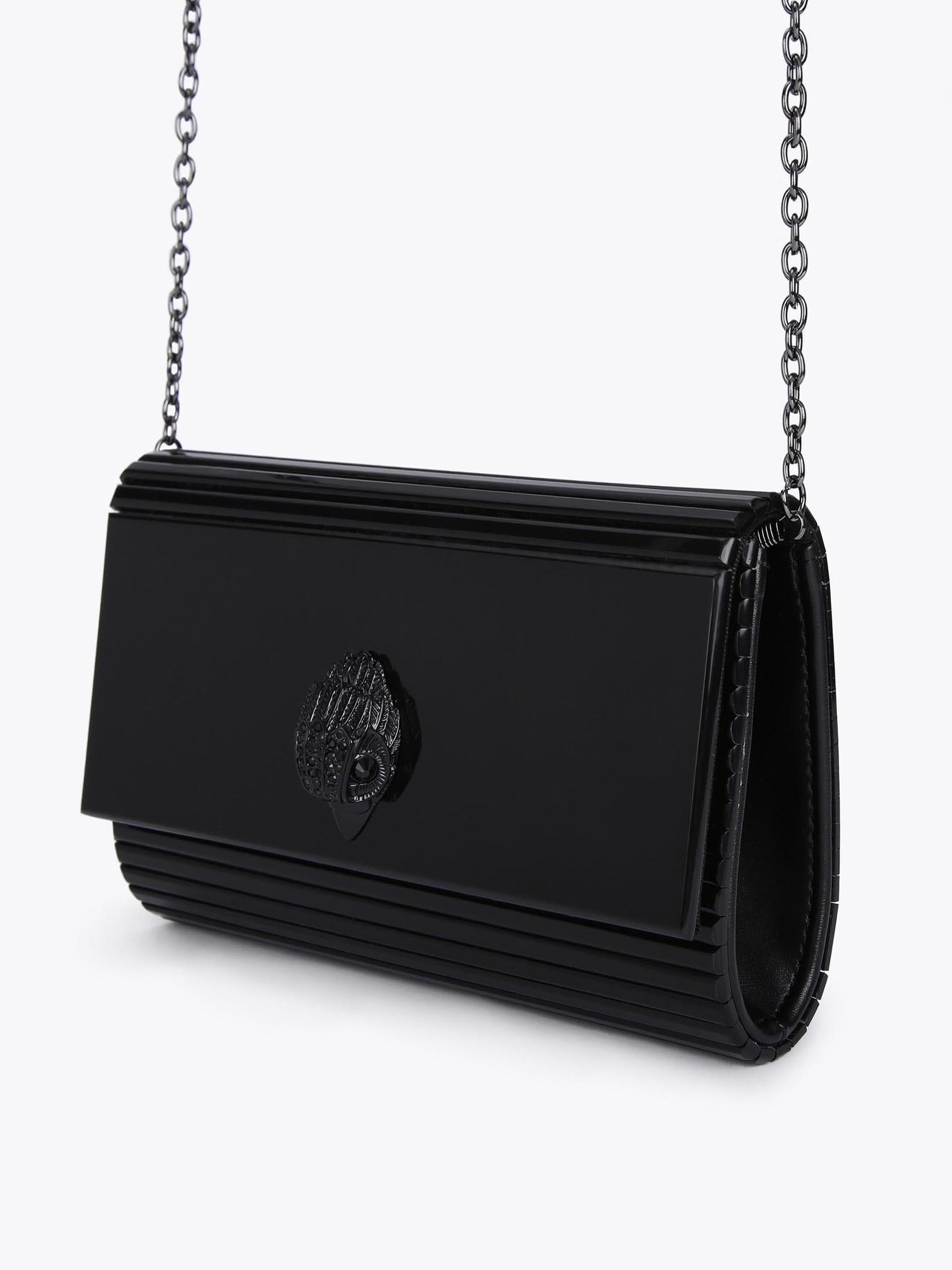 Kurt Geiger London black Party Eagle Drench clutch bag, imported from the UK