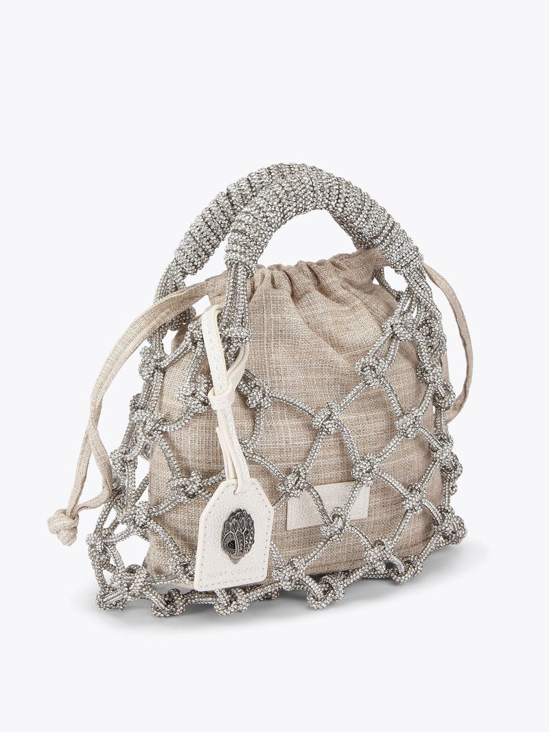 Kurt Geiger London small silver macrame crystal bag, UK version