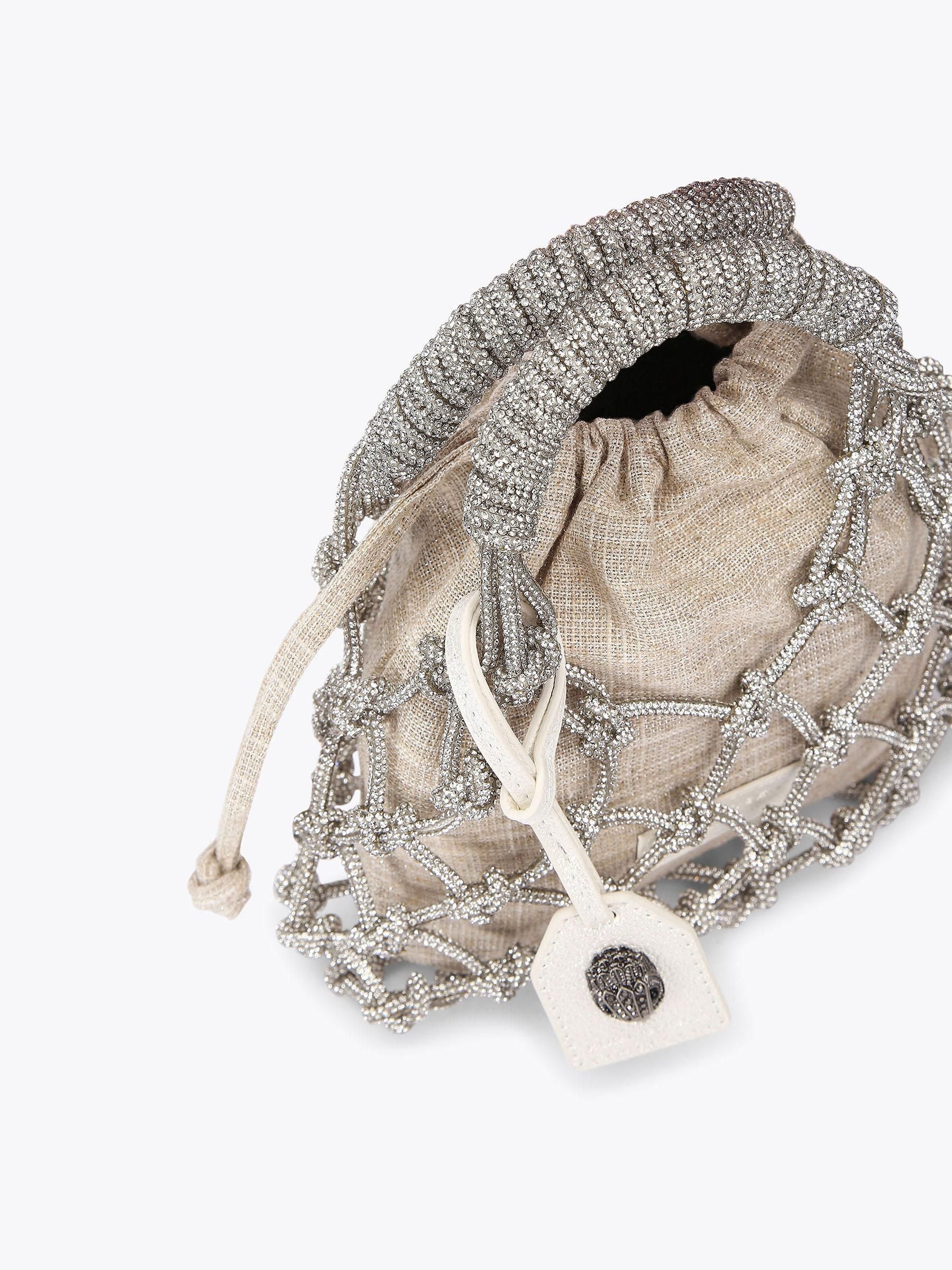Kurt Geiger London small silver macrame crystal bag, UK version