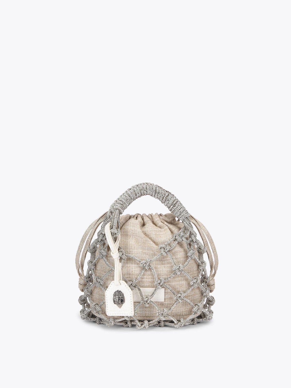 Kurt Geiger London small silver macrame crystal bag, UK version