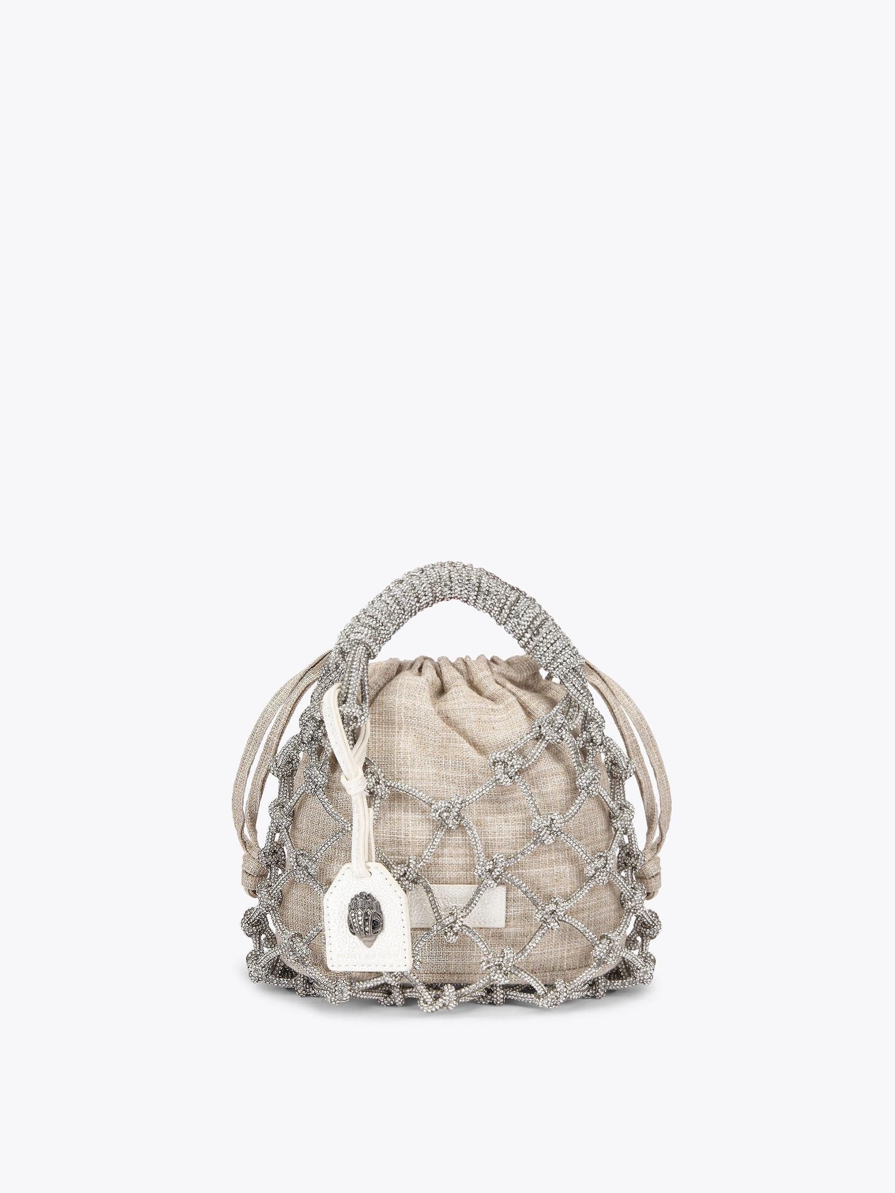 Kurt Geiger London small silver macrame crystal bag, UK version