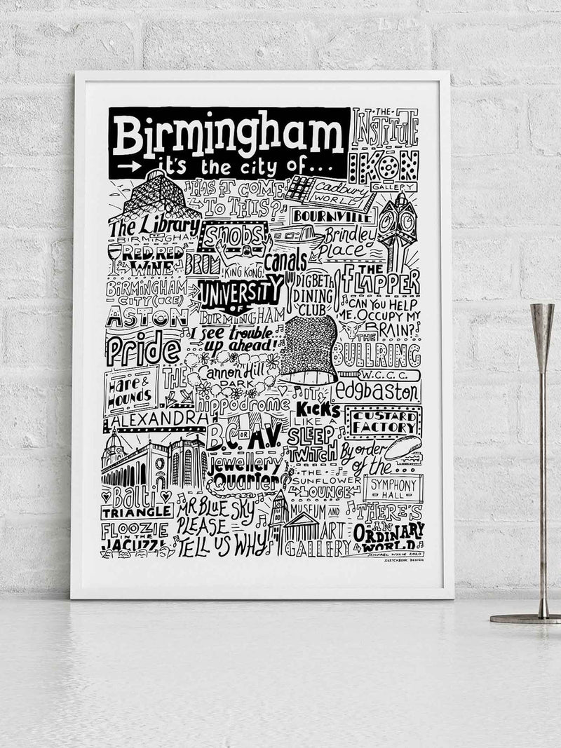 Sketchbook Design Birmingham landmarks framed print, imported from the UK
