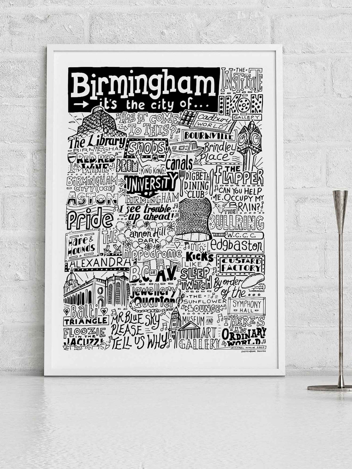 Sketchbook Design Birmingham landmarks framed print, imported from the UK
