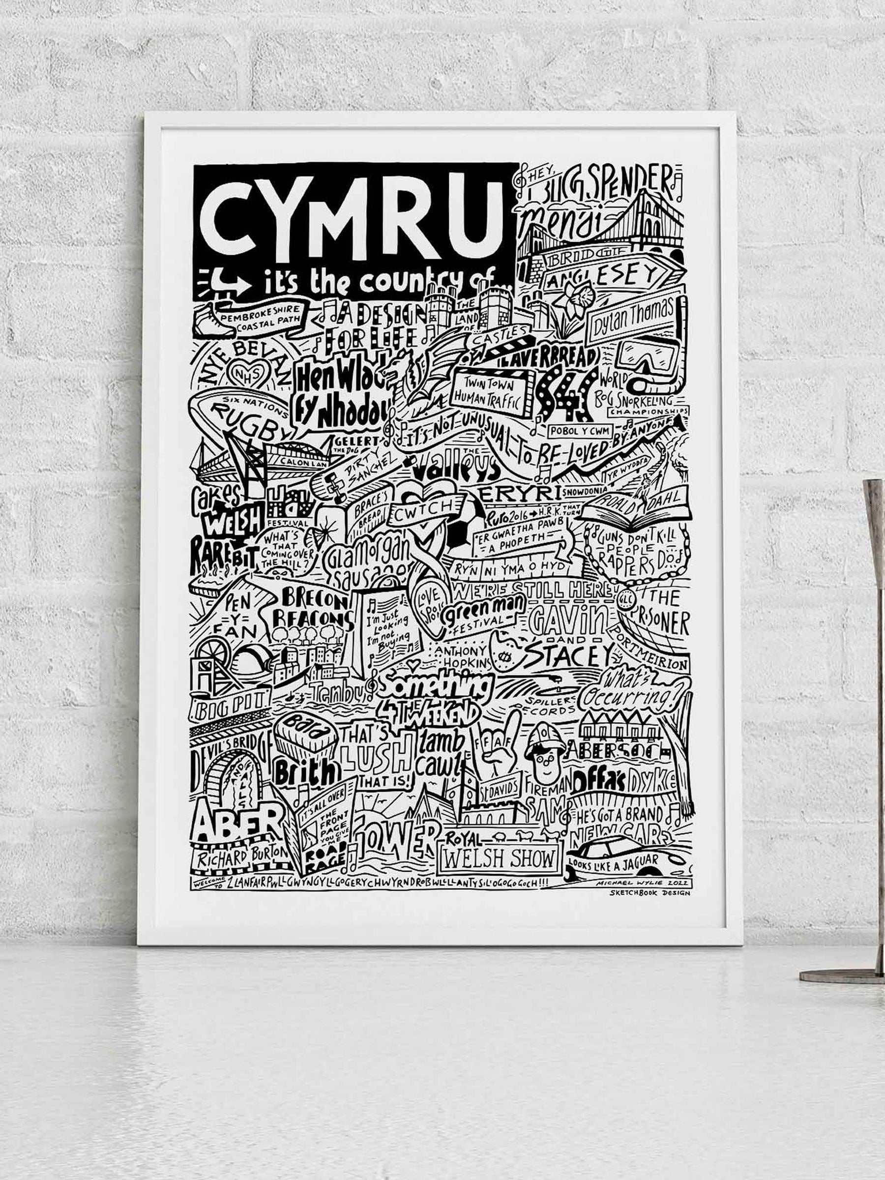 Sketchbook Design framed wall art Cymru landmarks illustration, imported from the UK