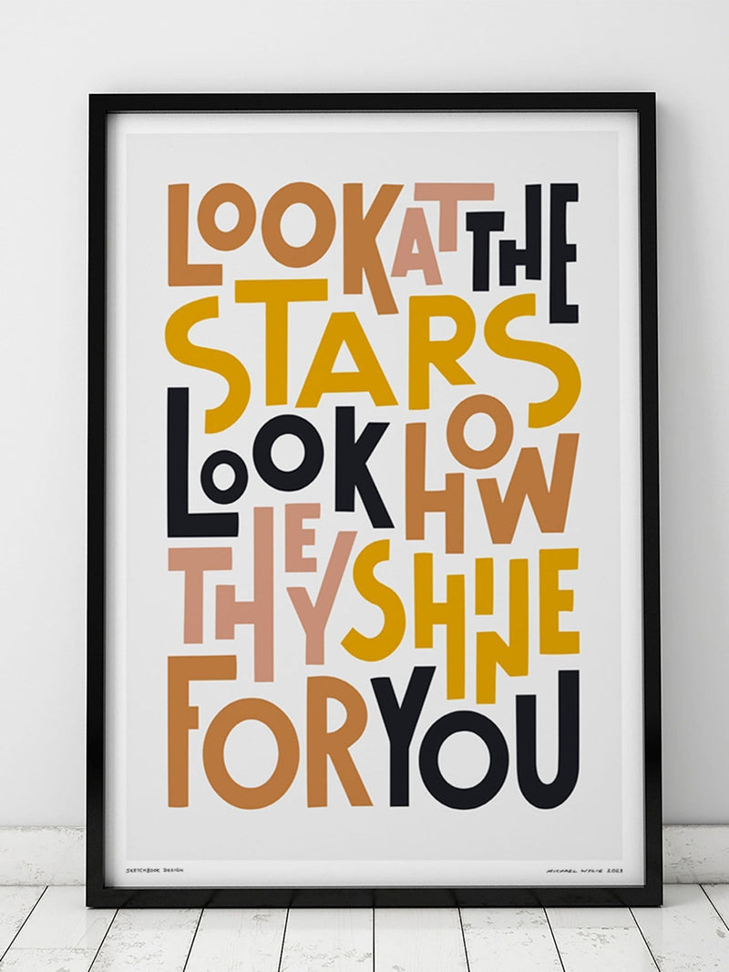 Sketchbook Design typography framed wall art stars print, imported from the UK