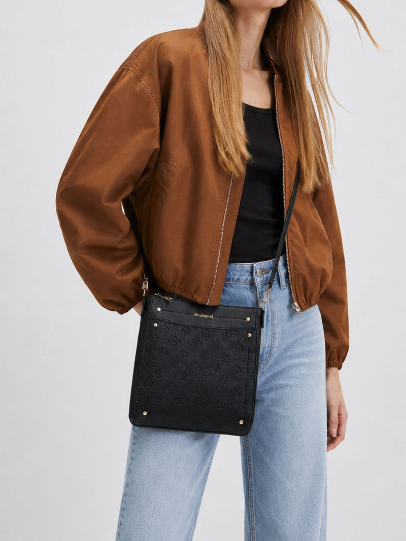 River Island black monogram embossed messenger bag, UK version