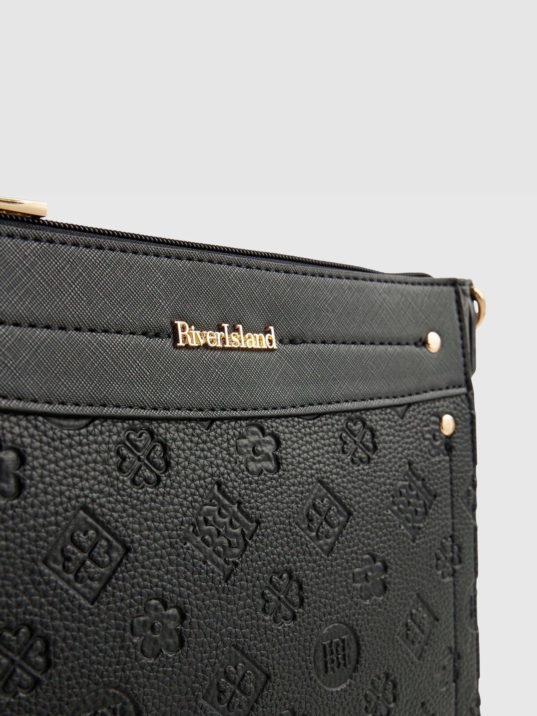 River Island black monogram embossed messenger bag, UK version